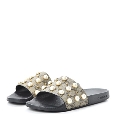 Gucci GG Supreme Monogram Pearls Slide Sandals 38 Beige 3 of 13
