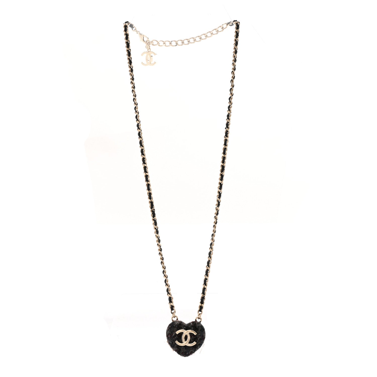 Chanel Tweed Lambskin CC Heart Locket Necklace Gold Black Beige 3 of 9