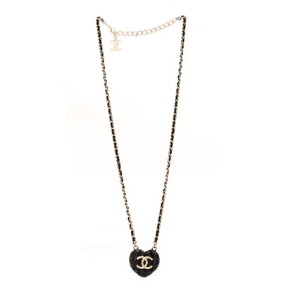 Chanel Tweed Lambskin CC Heart Locket Necklace Gold Black Beige 3 of 9