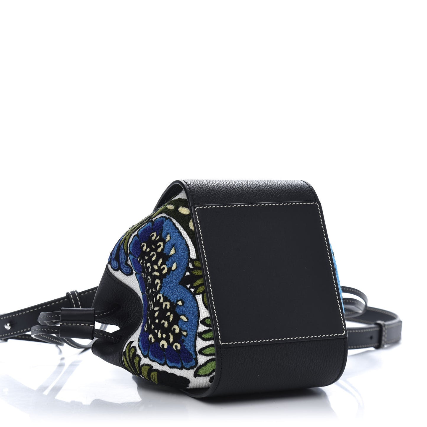 Calfskin Embroidered Floral Mini Hammock Shoulder Bag Black Peacock Blue