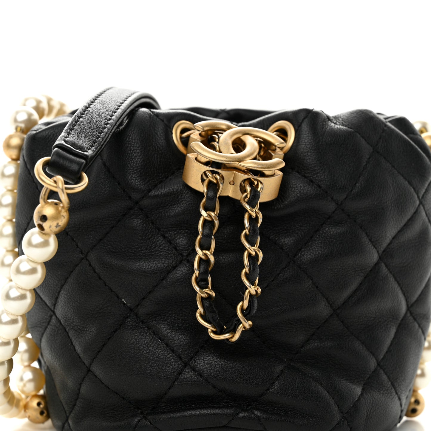 Calfskin Quilted Pearl Mini About Pearls Drawstring Bucket Bag Black