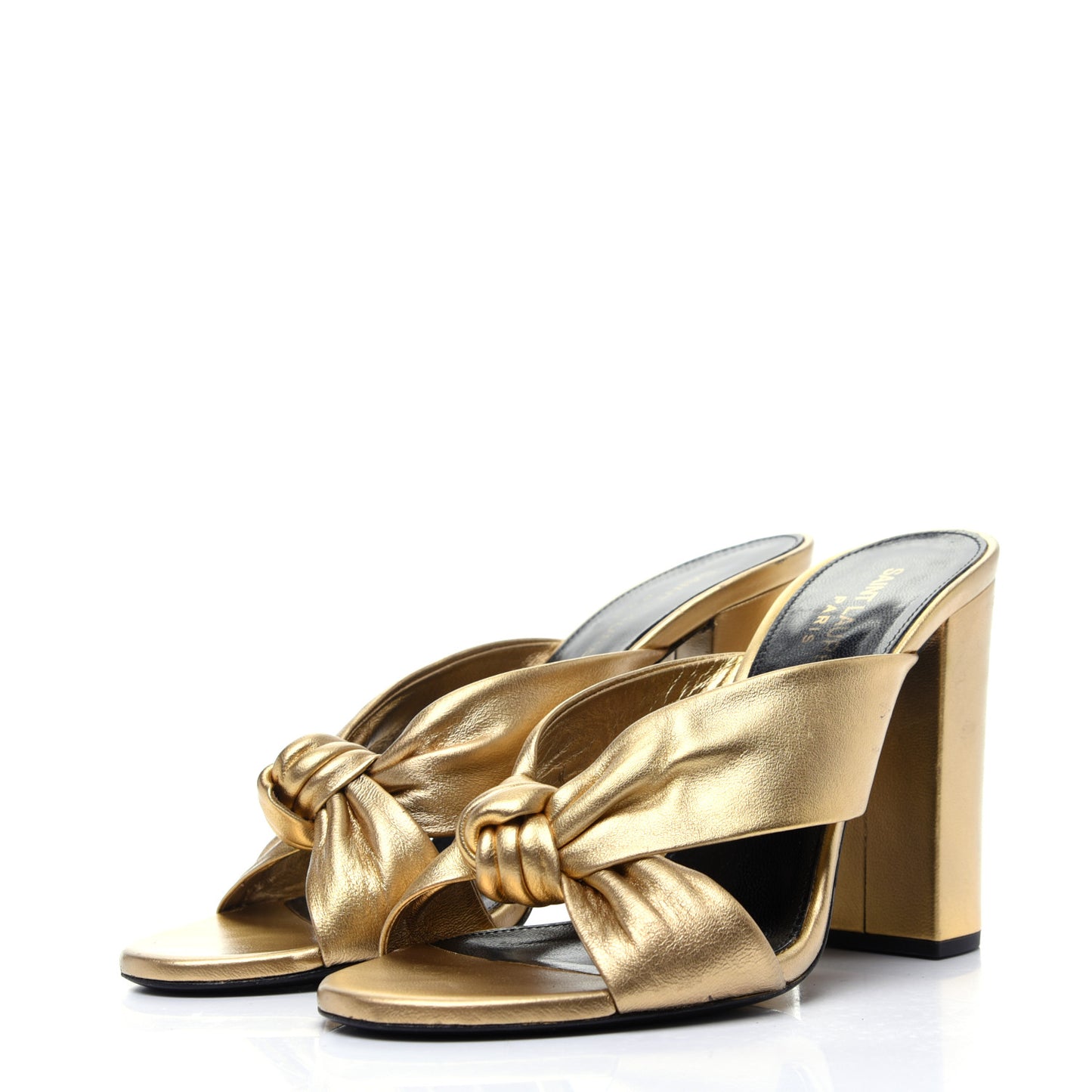 Metallic Calfskin Bianca Knotted Mule Sandals 37.5 Gold
