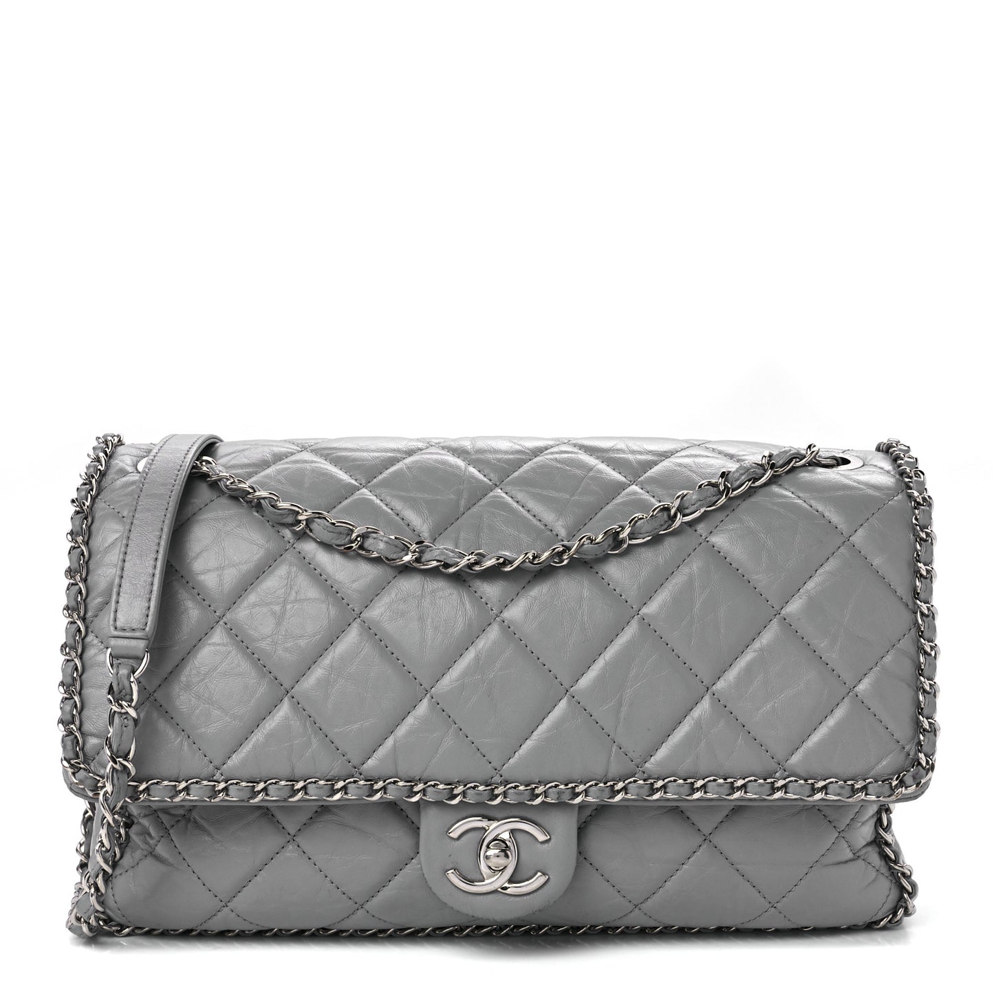 Crumpled Calfskin Large Chain All Over Flap Grey