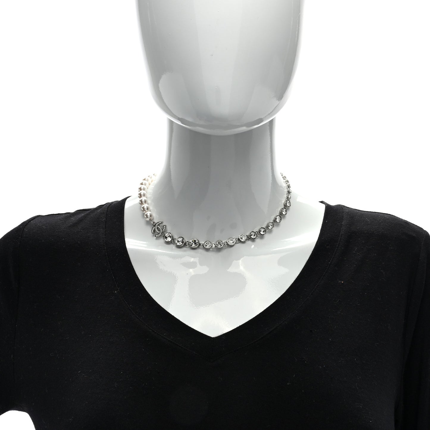 Pearl Crystal CC Choker Necklace Silver