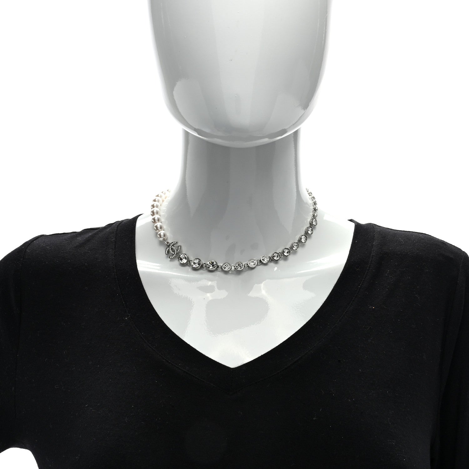 Chanel Pearl Crystal CC Choker Necklace Silver 2 of 4