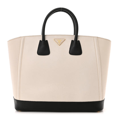 Prada Saffiano Medium Bi-Color Top Handle Tote Black Talco 1 of 15