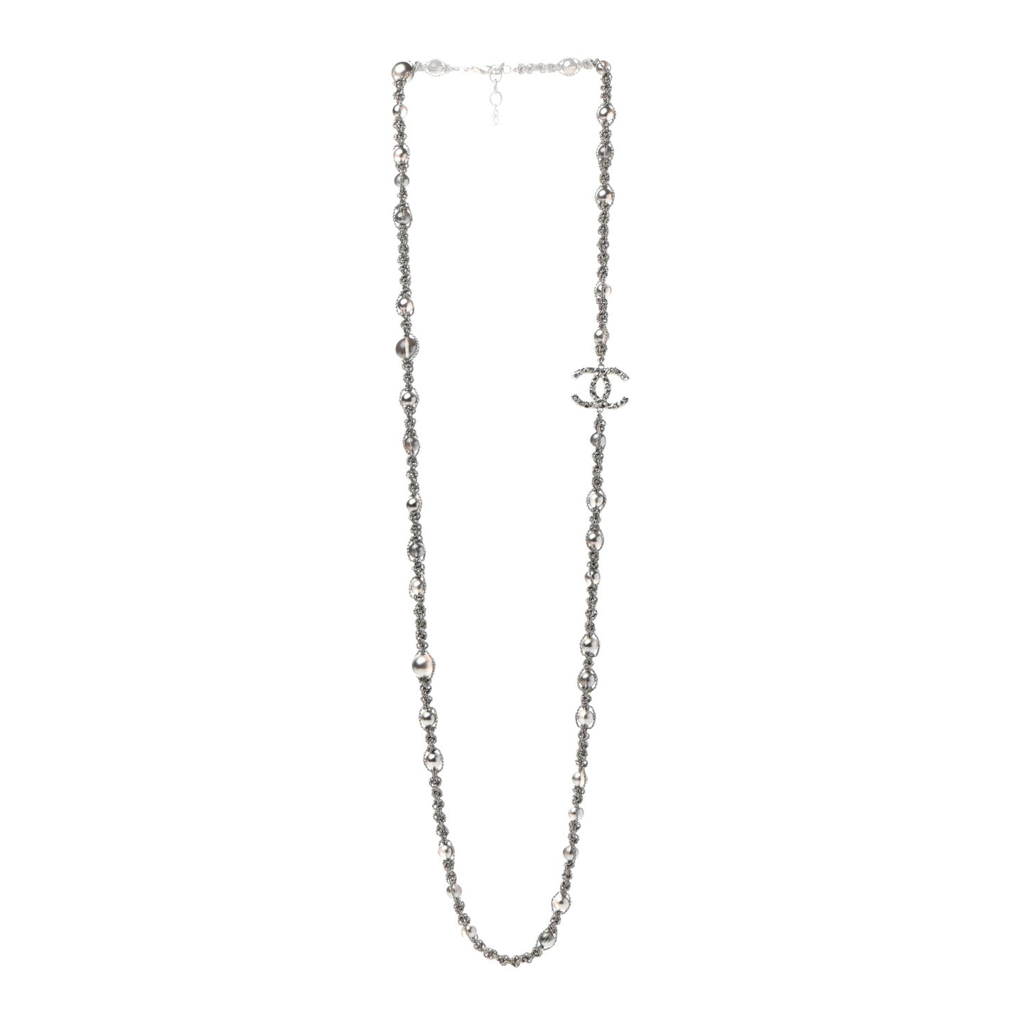 Crystal Pearl Bead CC Long Necklace Silver Grey