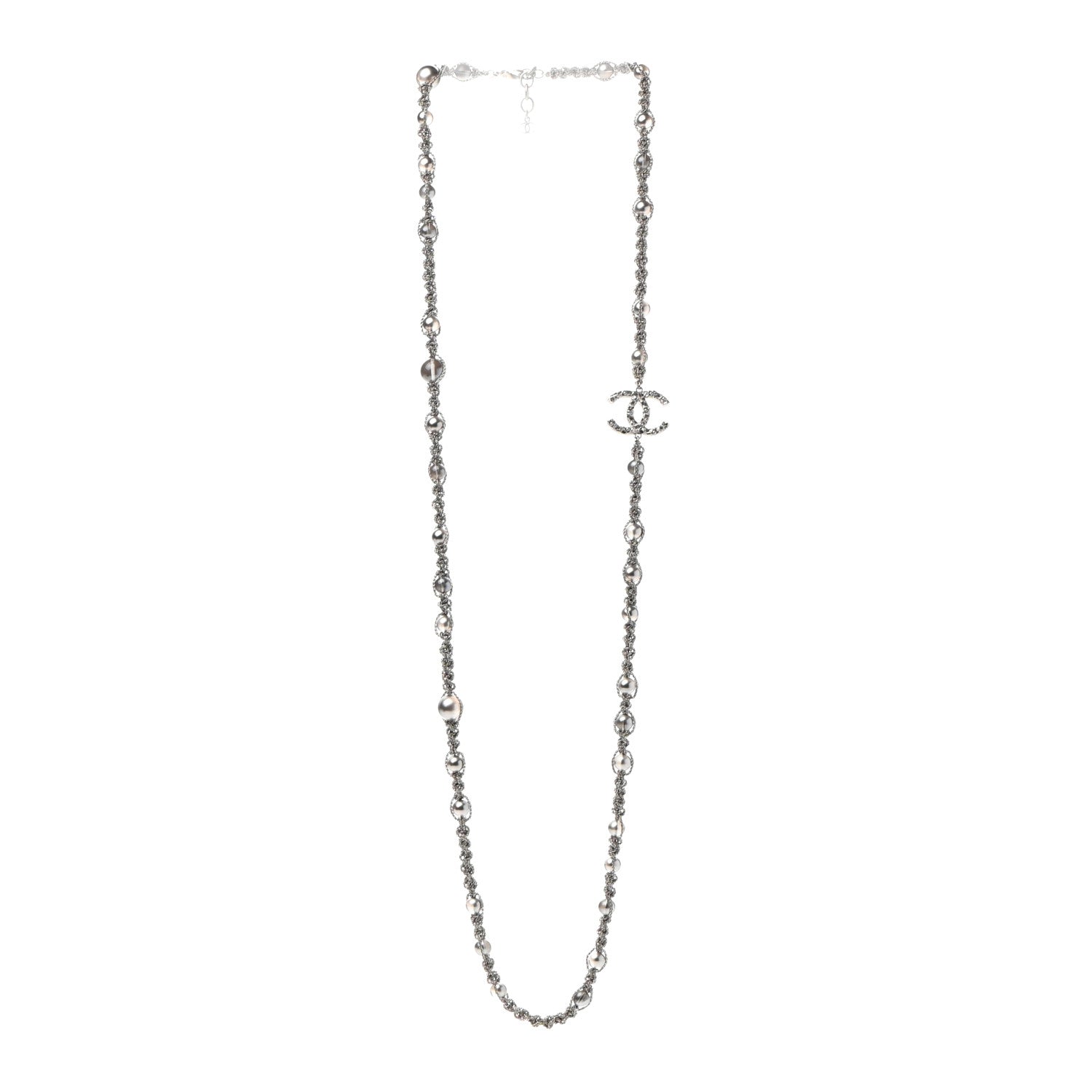 Chanel Crystal Pearl Bead CC Long Necklace Silver Grey 3 of 7