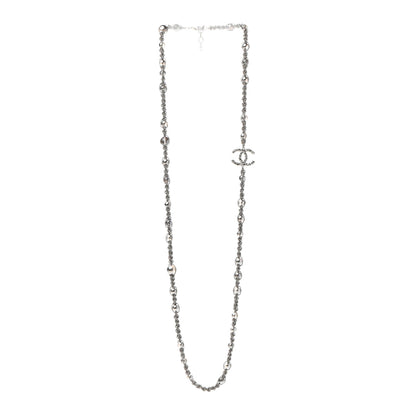 Chanel Crystal Pearl Bead CC Long Necklace Silver Grey 3 of 7