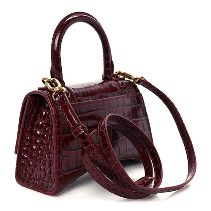 Balenciaga Shiny Calfskin Crocodile Embossed Hourglass Top Handle Bag XS Dark Red 3 of 10