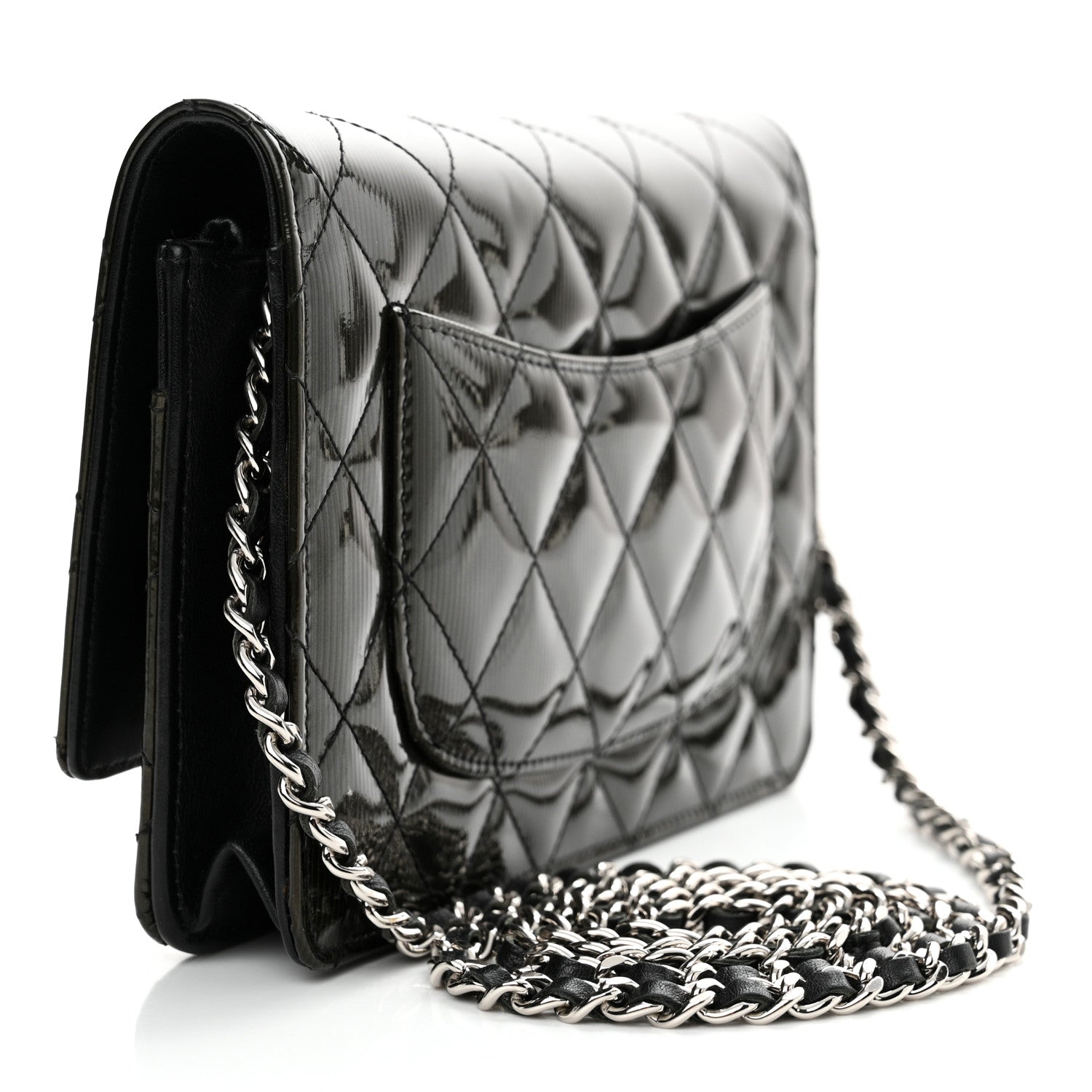 Chanel Striated Patent Quilted Wallet on Chain WOC Black 3 of 12