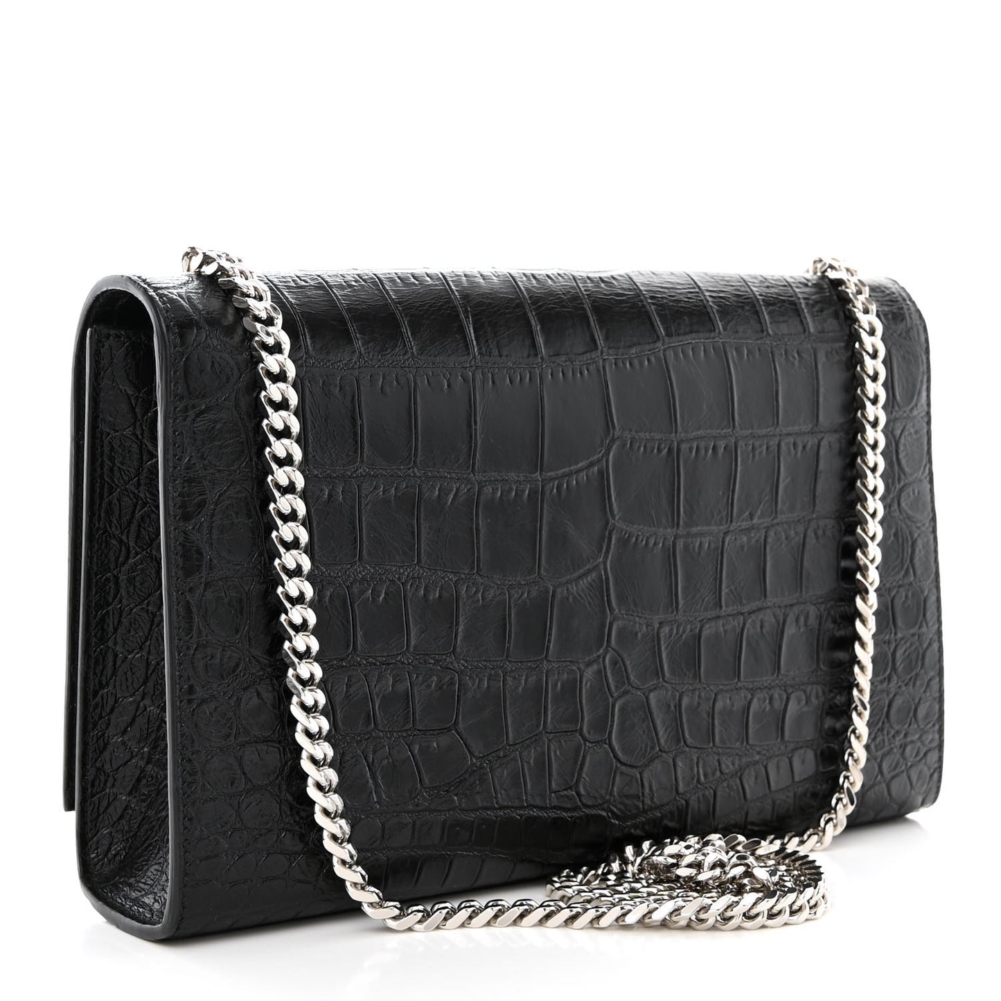 Calfskin Crocodile Embossed Medium Classic Monogram Kate Tassel Satchel Black