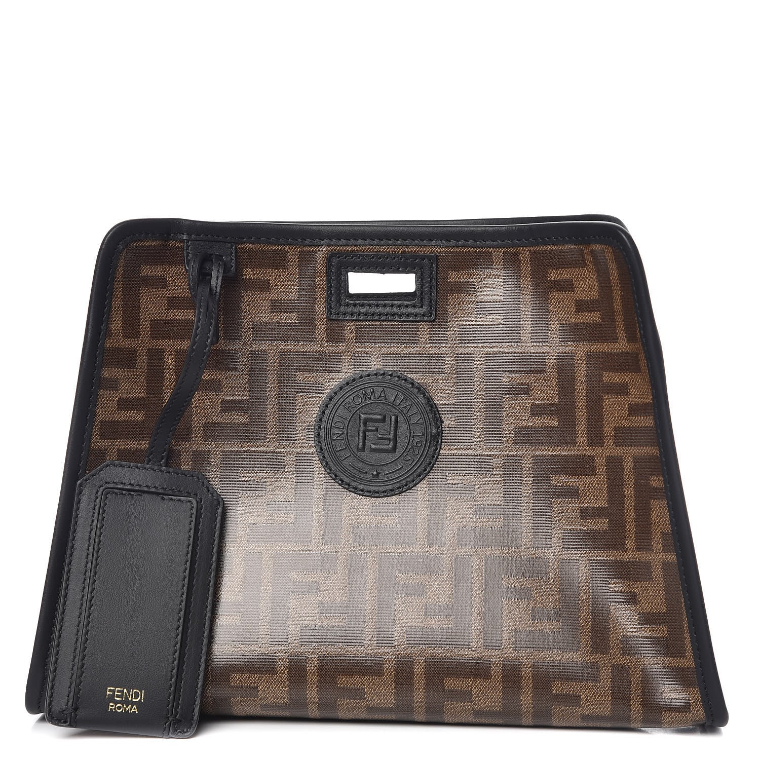 Fendi Glazed Fabric Vitello Century FF 1974 Stamp Patch Mini Peekaboo Defender Cover Mogano Panna Black 1 of 10