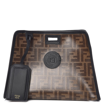 Fendi Glazed Fabric Vitello Century FF 1974 Stamp Patch Mini Peekaboo Defender Cover Mogano Panna Black 1 of 10