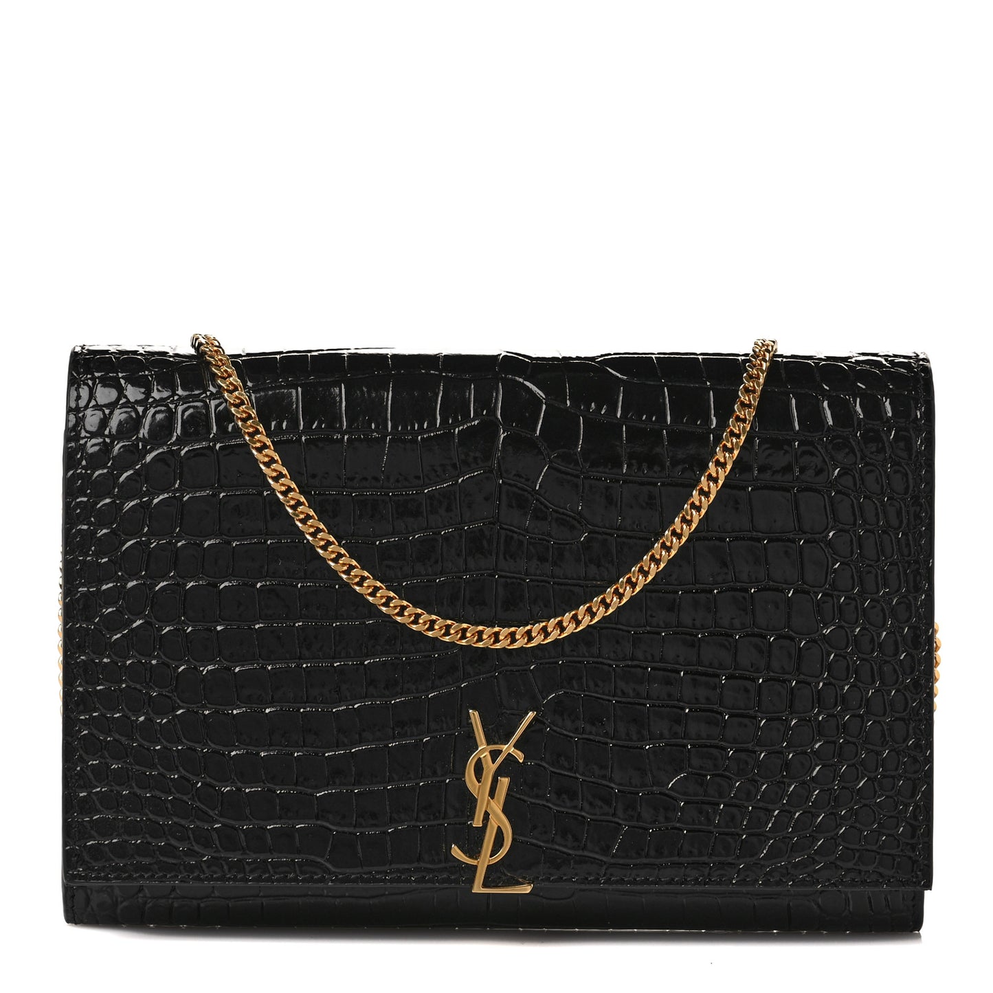 Calfskin Crocodile Embossed Monogram Chain Wallet Black