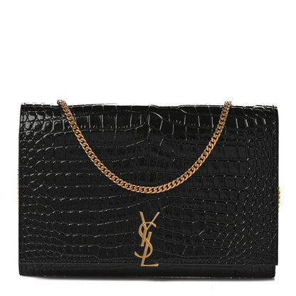 Saint Laurent Calfskin Crocodile Embossed Monogram Chain Wallet Black 1 of 8