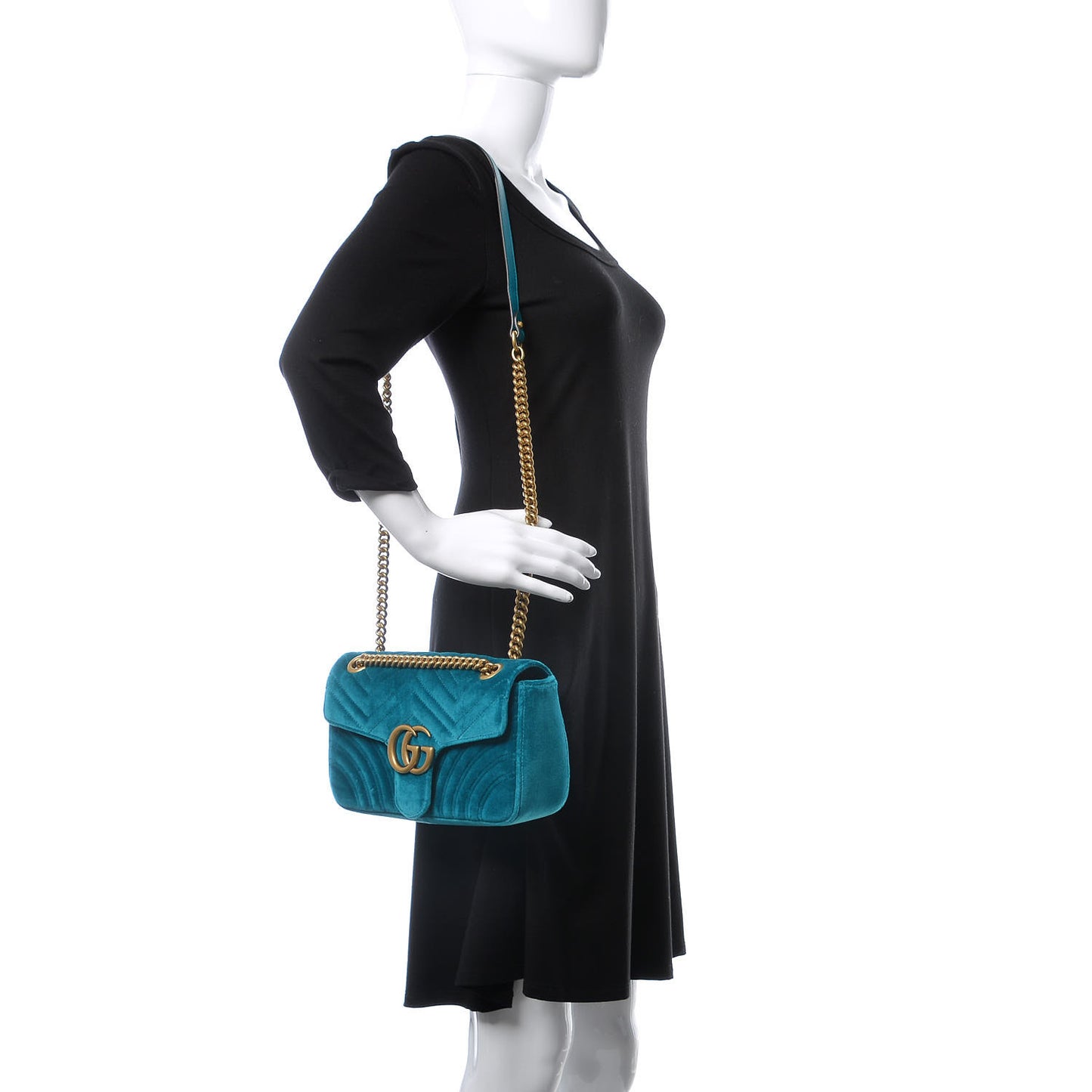 Velvet Matelasse Small GG Marmont Shoulder Bag Pavone Cyan
