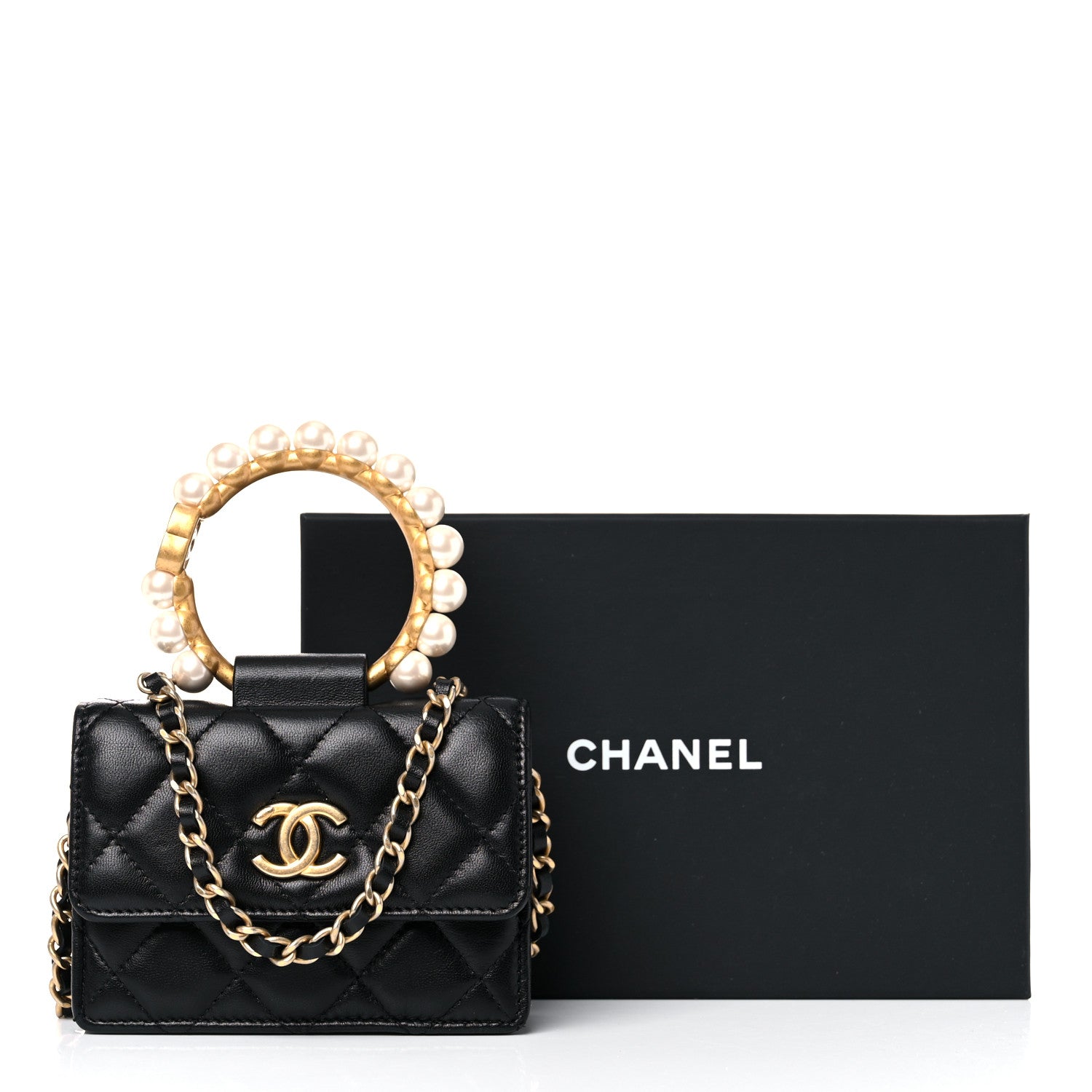 Chanel Lambskin Quilted Pearl Crown Clutch With Chain Black 13 of 13