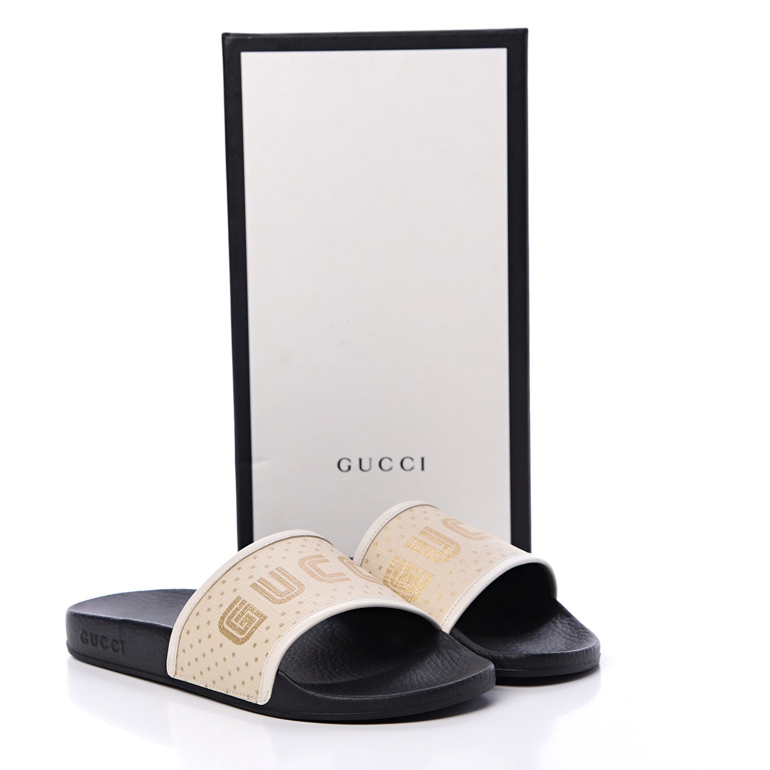 Gucci X SEGA Supreme Canvas GUCCY Stars Womens Slide Sandals 38 Mystic White Gold 8 of 8