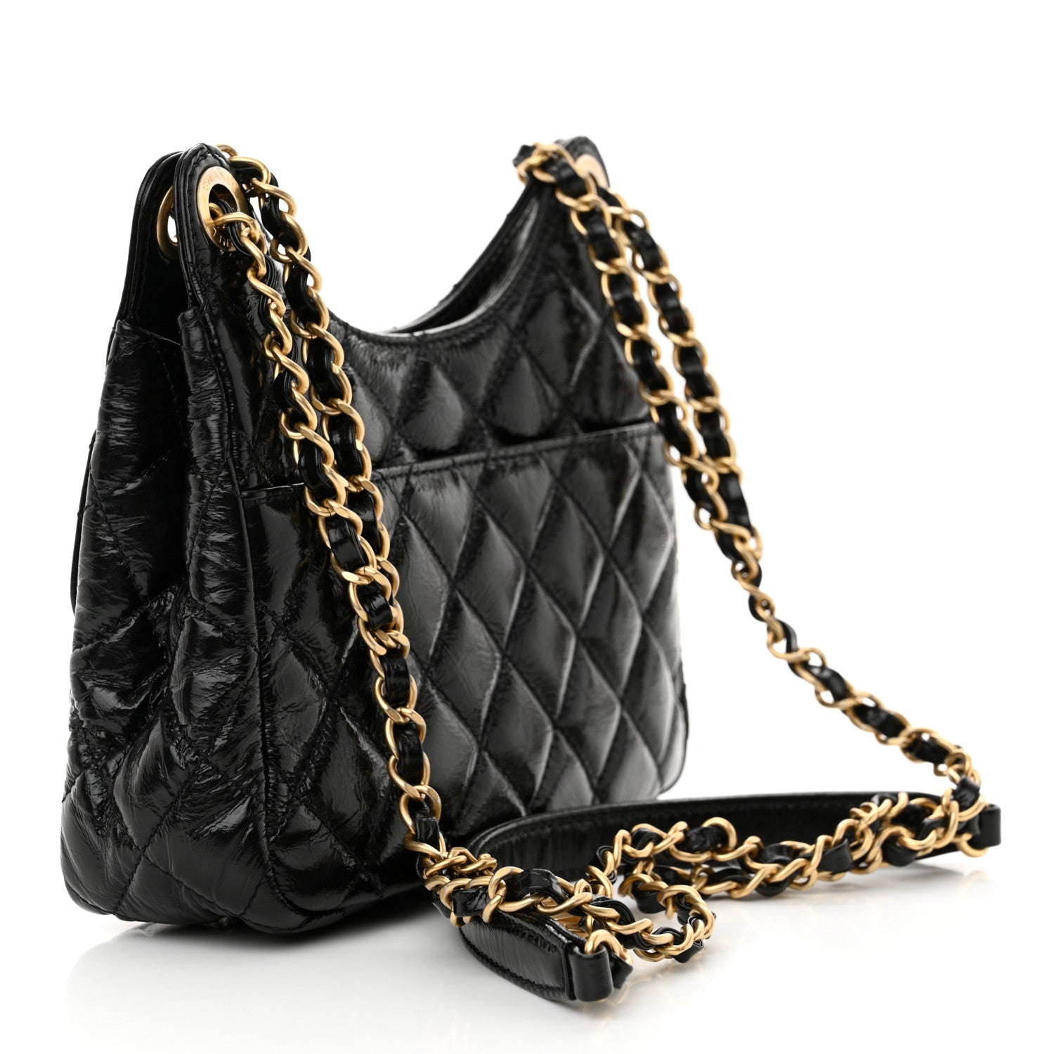 Chanel Shiny Crumpled Calfskin Quilted Small Wavy CC Hobo Black 3 of 11