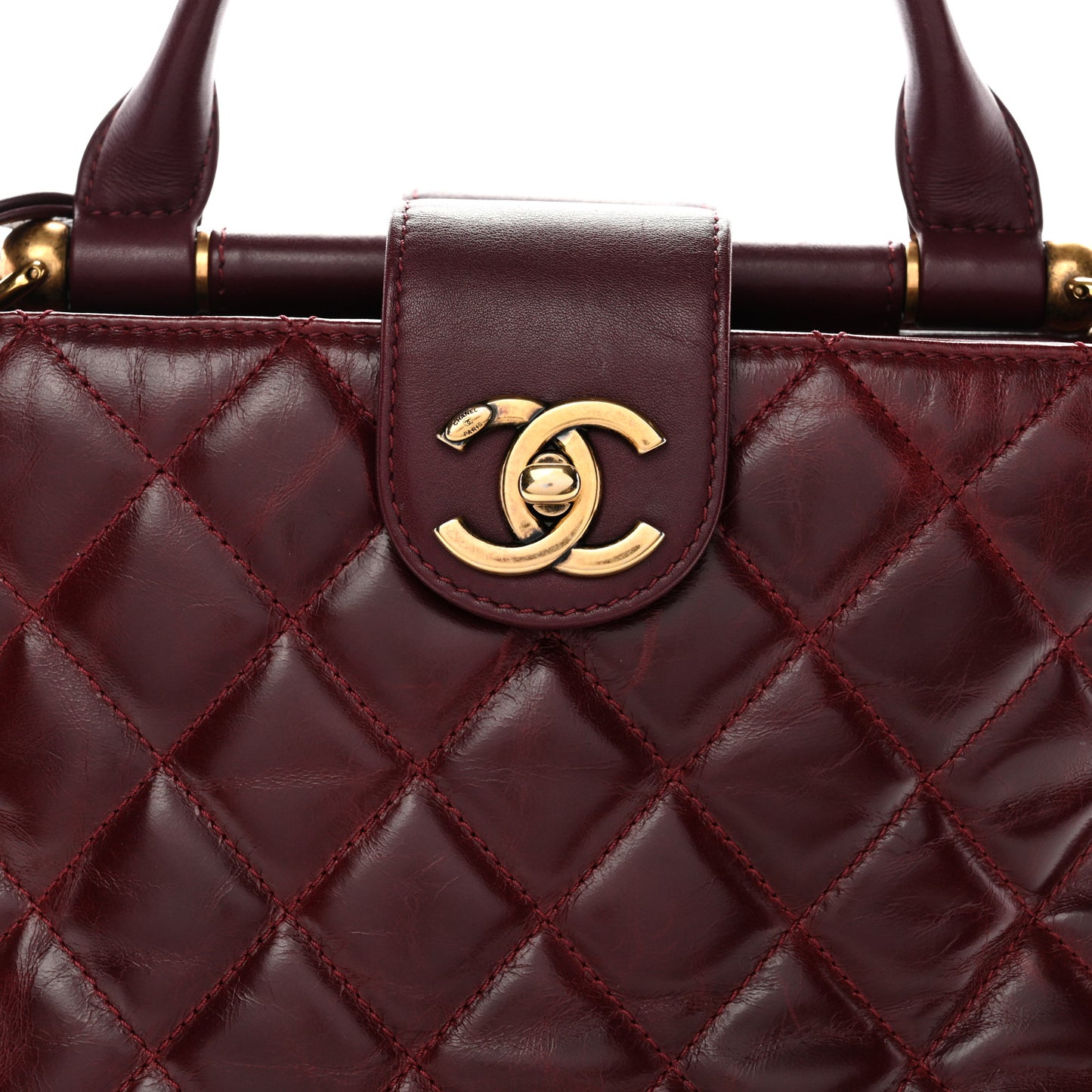 Glazed Calfskin Quilted Small Gold Bar Tote Red