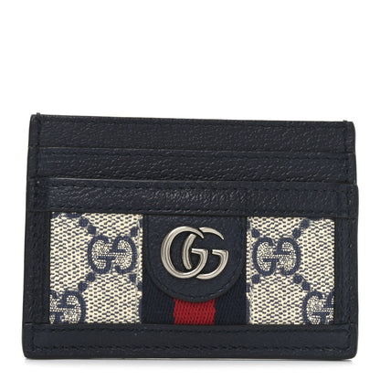Gucci GG Supreme Monogram Textured Dollar Calfskin Web Ophidia Card Holder Beige Blue 1 of 7