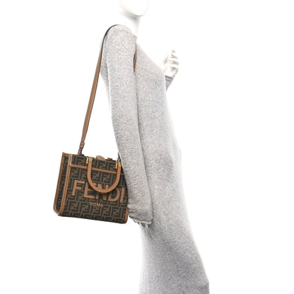 Fendi Fabric Jacquard FF 1974 Logo Small Fendi Sunshine Shopper Tote Tobacco Moro Sand 2 of 11