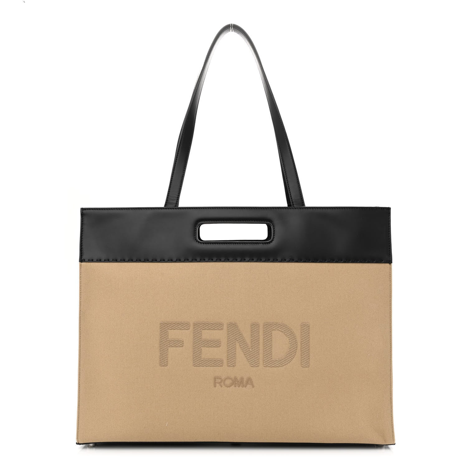 Fendi Canvas Vitello King Logo Embroidered East West Shopper Tote Sand Black 1 of 10