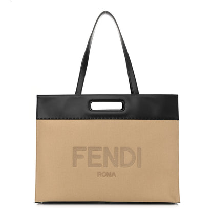 Fendi Canvas Vitello King Logo Embroidered East West Shopper Tote Sand Black 1 of 10