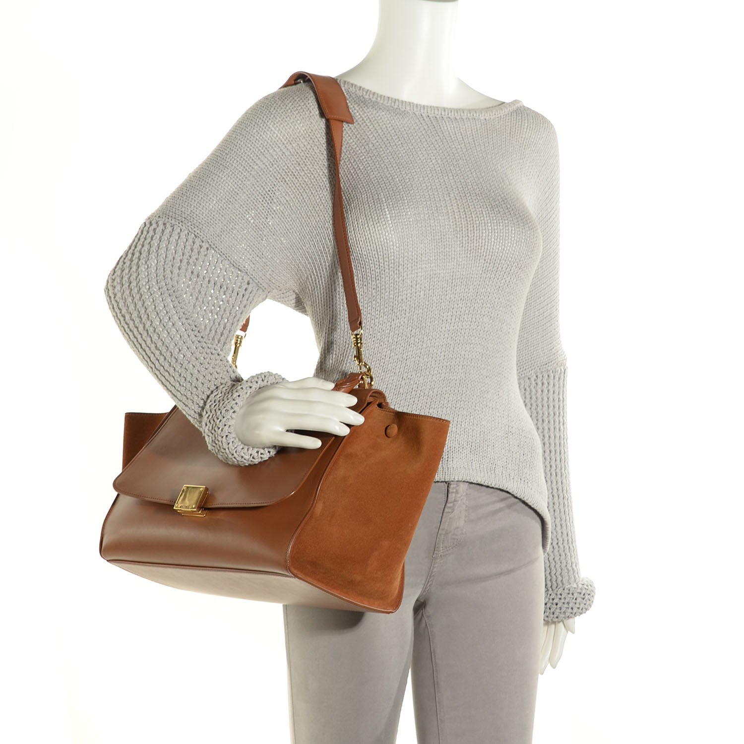 Celine Smooth Calfskin Suede Medium Trapeze Tan 2 of 9