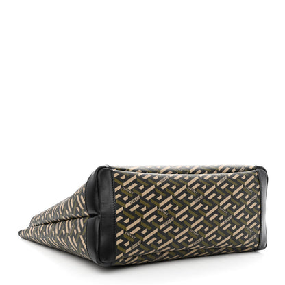 Versace Canvas Calfskin Monogram La Greca Medusa Tote Black Khaki 4 of 11