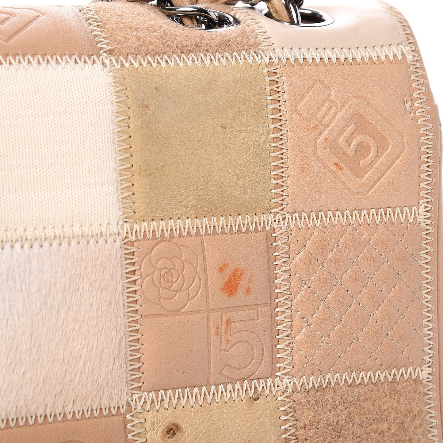 Lambskin Ostrich Pony Hair Quilted Patchwork Precious Symbols Flap Bag Beige