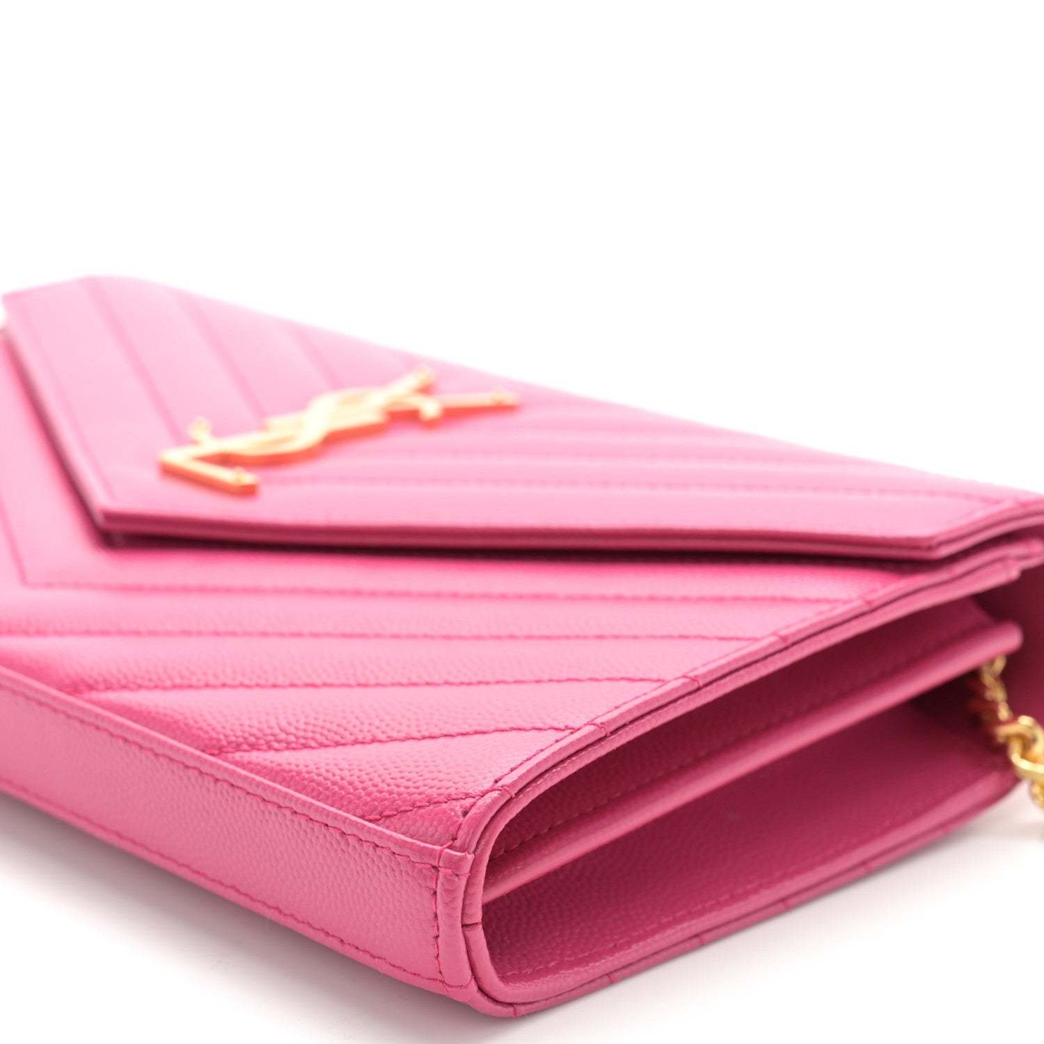 Saint Laurent Grain De Poudre Matelasse Chevron Monogram Chain Wallet Bubblegum 10 of 11