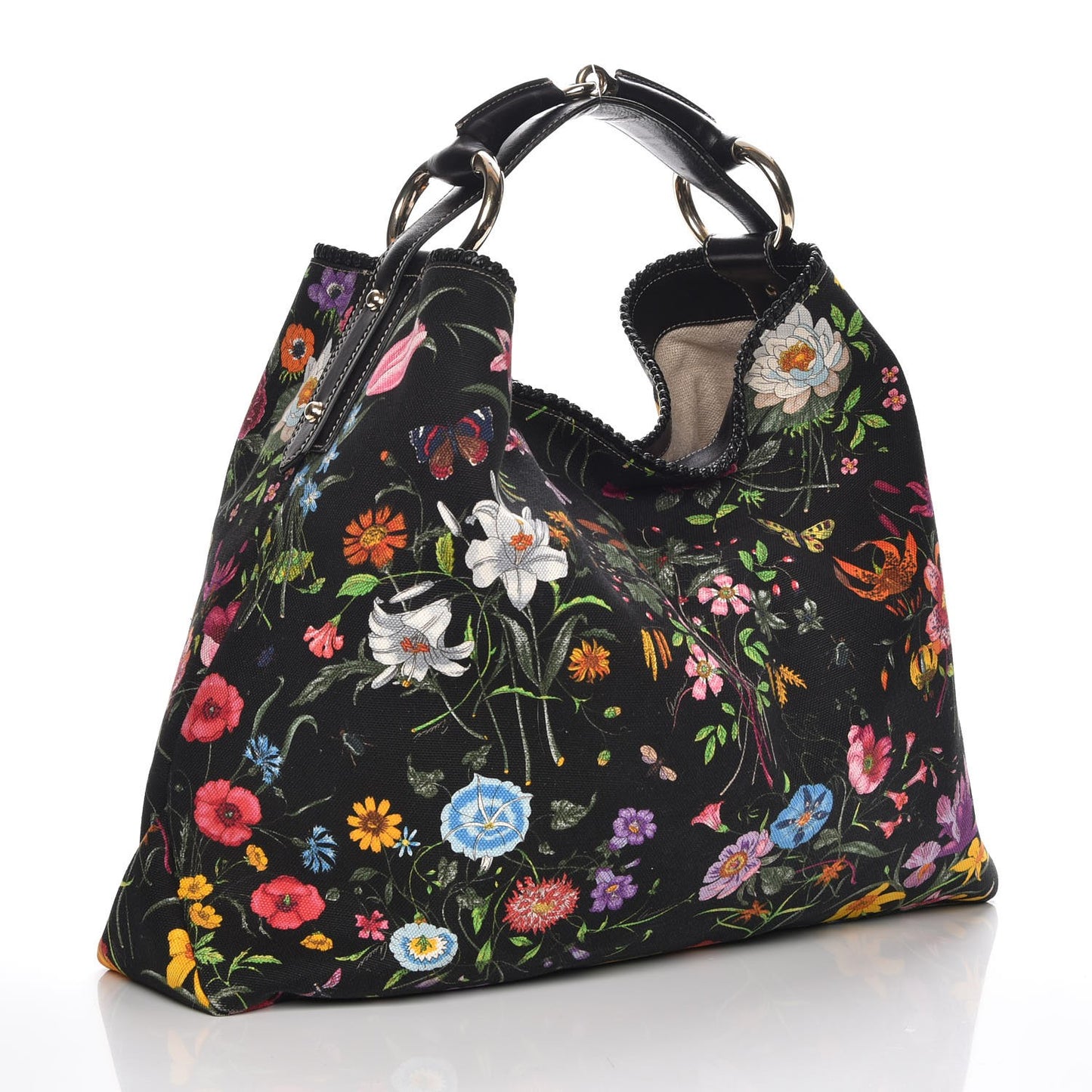 Canvas Flora Floral Large Horsebit Chain Hobo Black