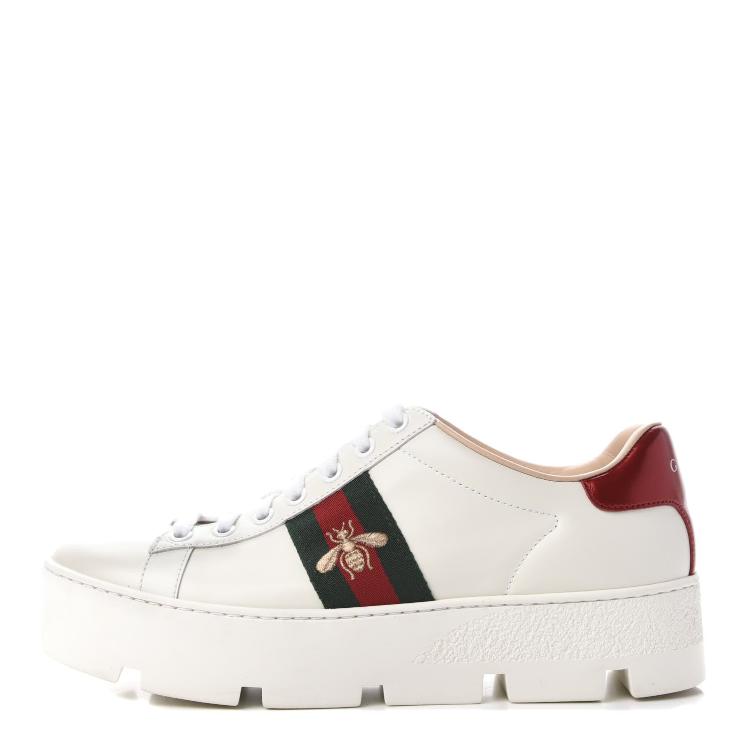 Gucci Calfskin Web Bee Embroidered Womens Ace Platform Sneakers 37.5 White 1 of 11