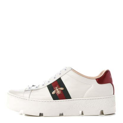 Gucci Calfskin Web Bee Embroidered Womens Ace Platform Sneakers 37.5 White 1 of 11