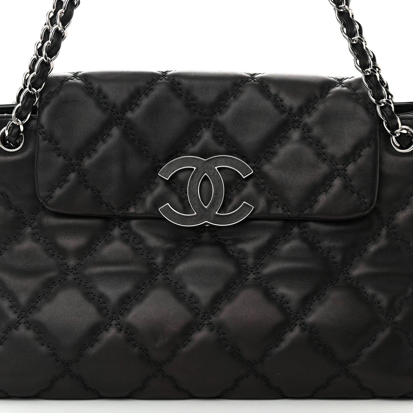 Calfskin Double Stitch Large Hamptons Flap Bag Black
