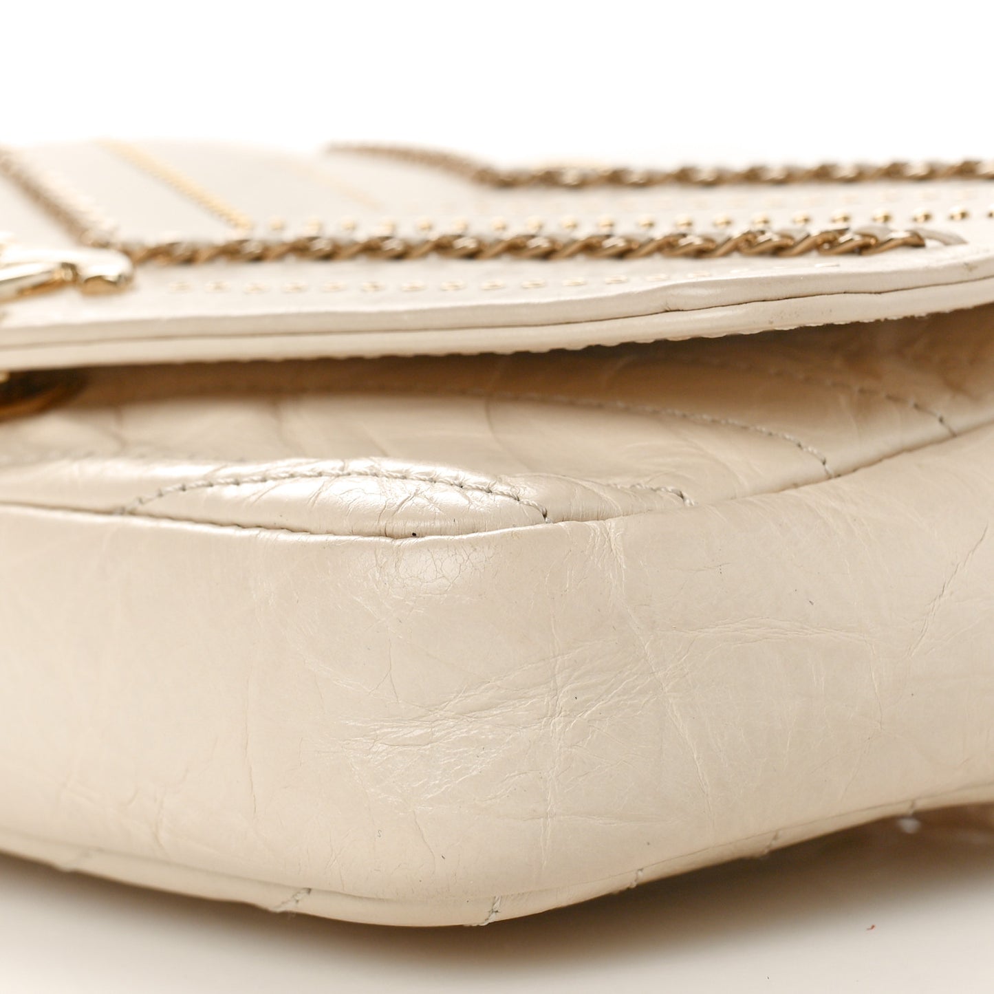 Crumpled Calfskin Chevron Chain Mini Square Ivory