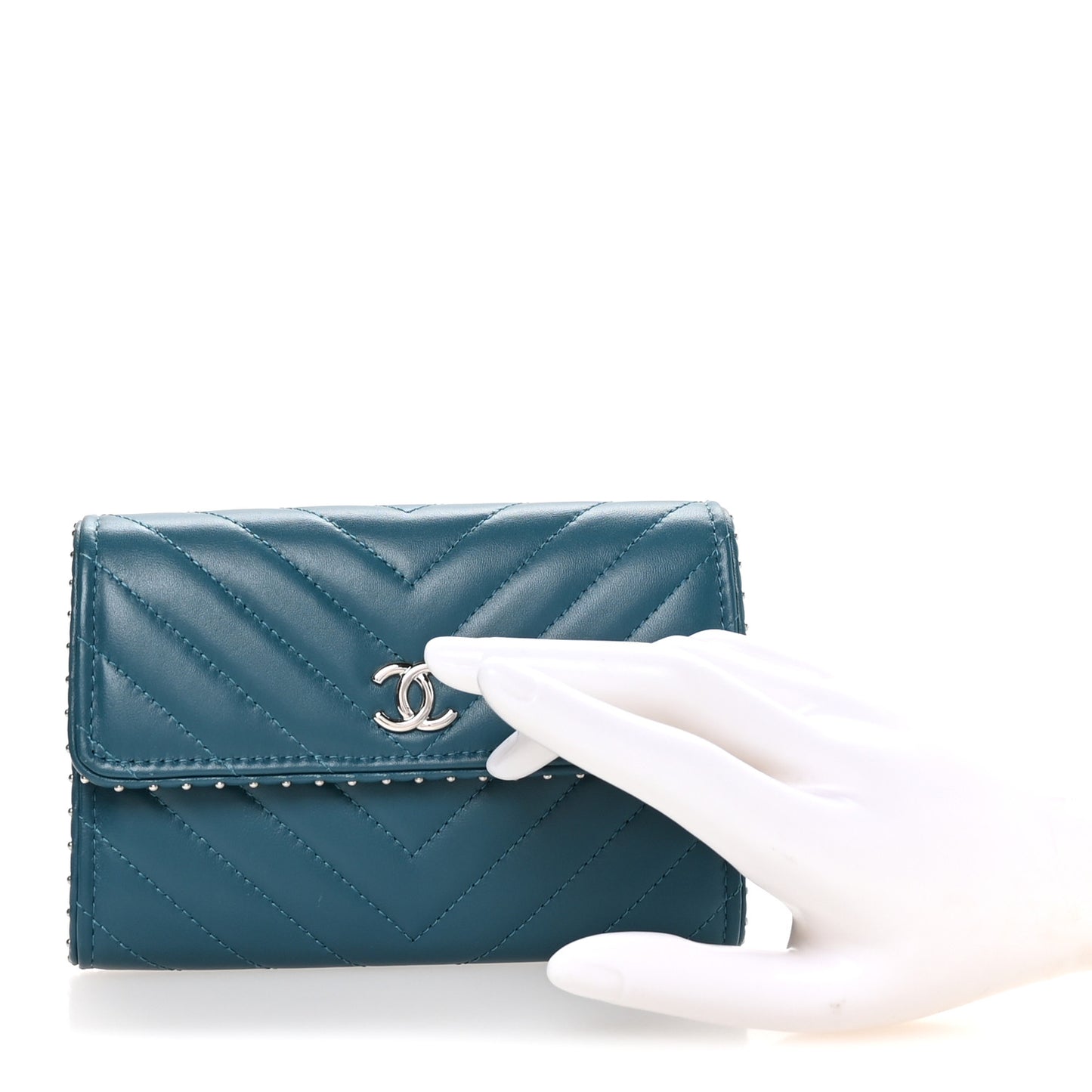 Lambskin Chevron Quilted Studded Small Flap Wallet Teal