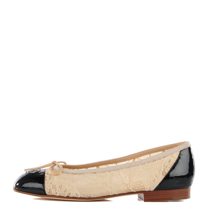 Chanel Lace Patent Cap Toe CC Ballerina Flats 37 Beige Black 1 of 6