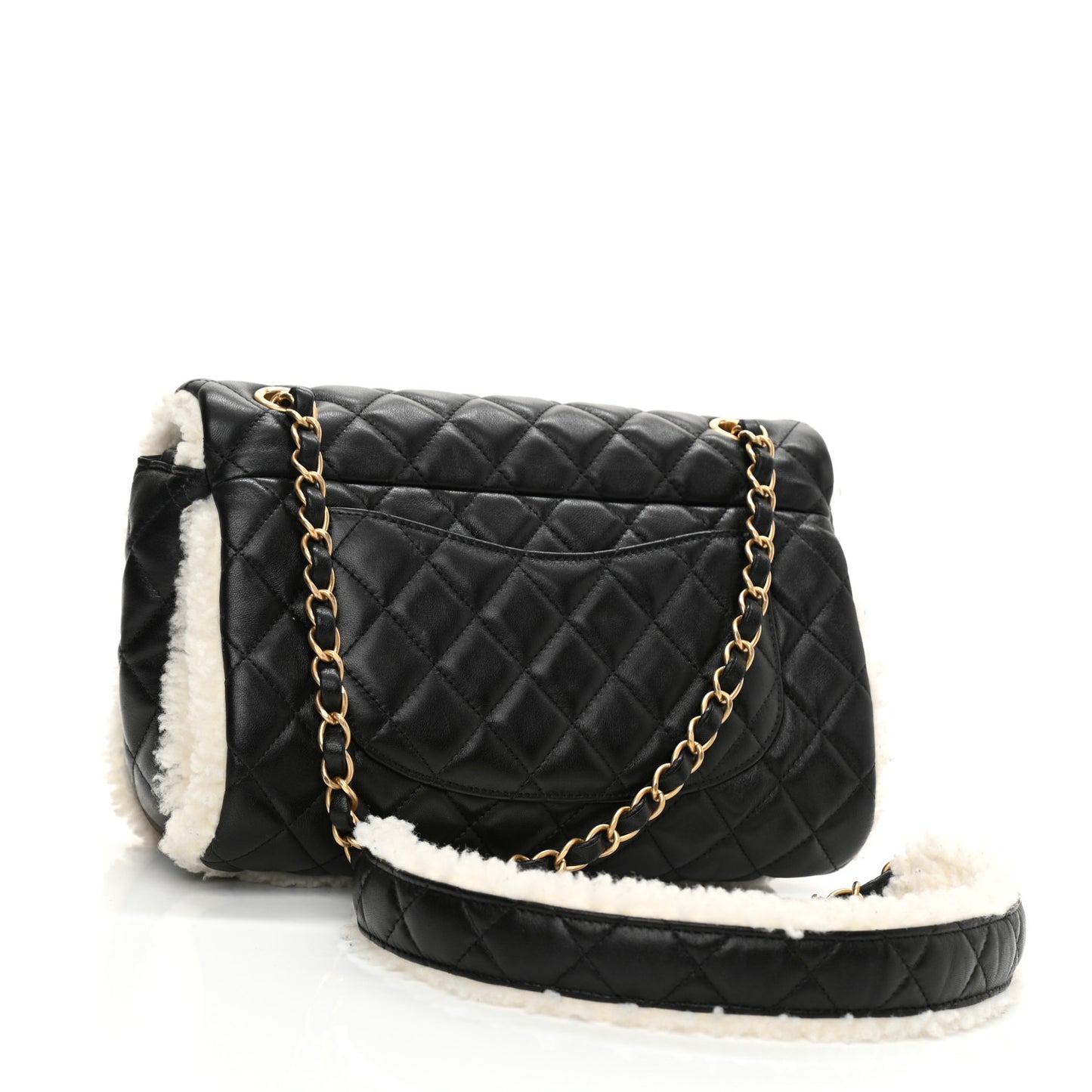 Lambskin Shearling Large CC Flap Bag Black White