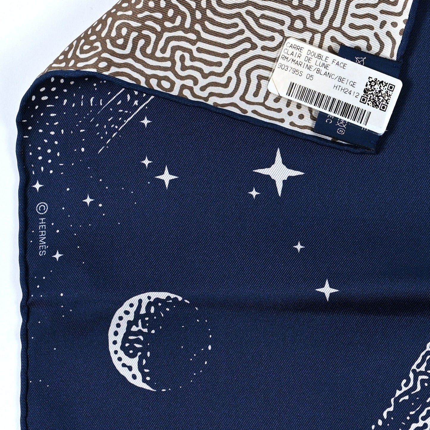 Silk Clair De Lune Double Face Scarf 90 Marine White Beige