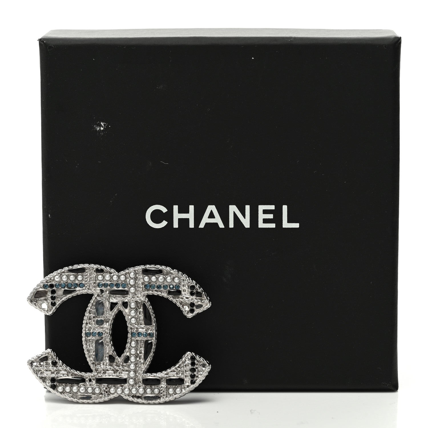 Chanel Crystal Pearl CC Tweed Brooch Blue White Pearly White 5 of 5