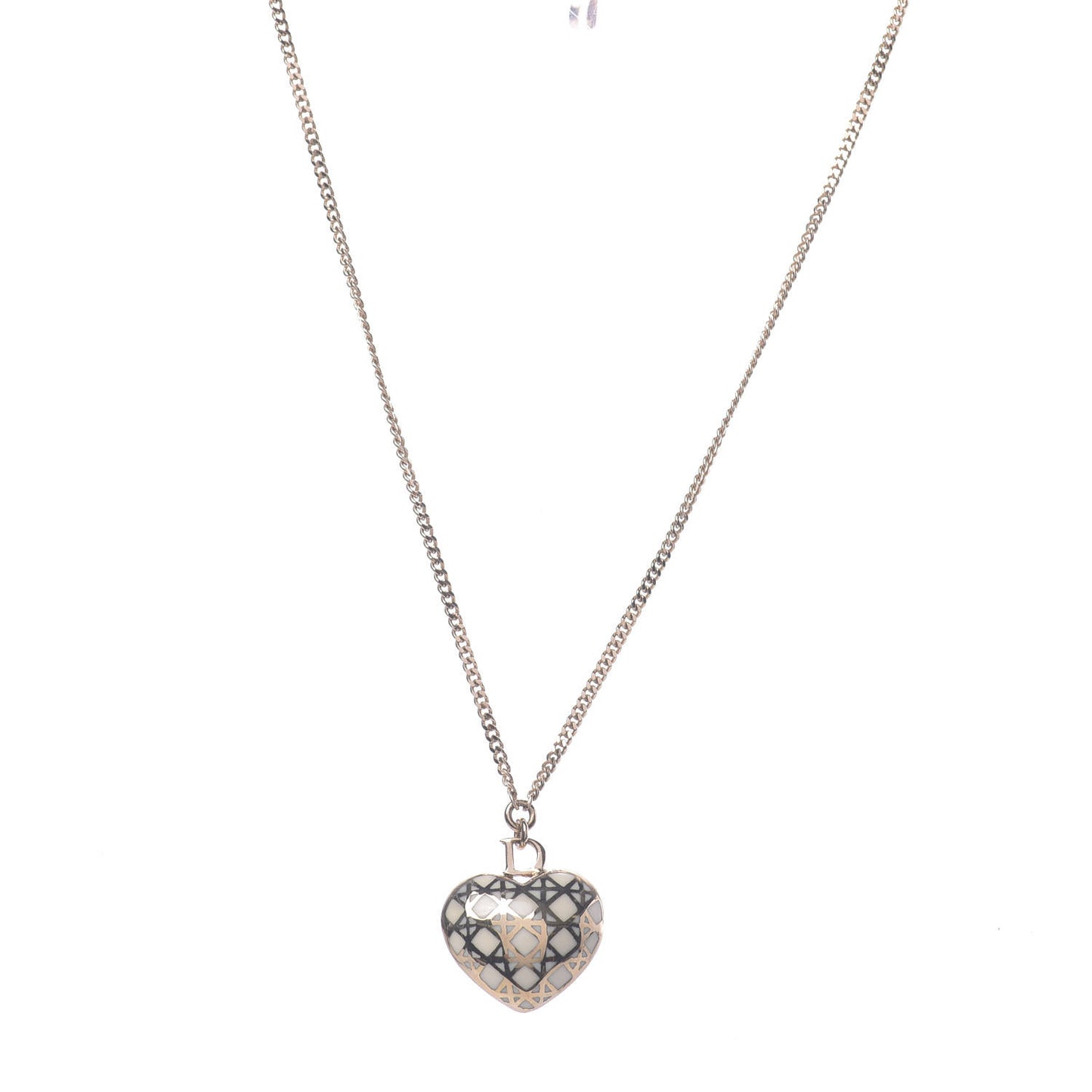 Metal Enamel Cannage Heart Pendant Necklace White Gold