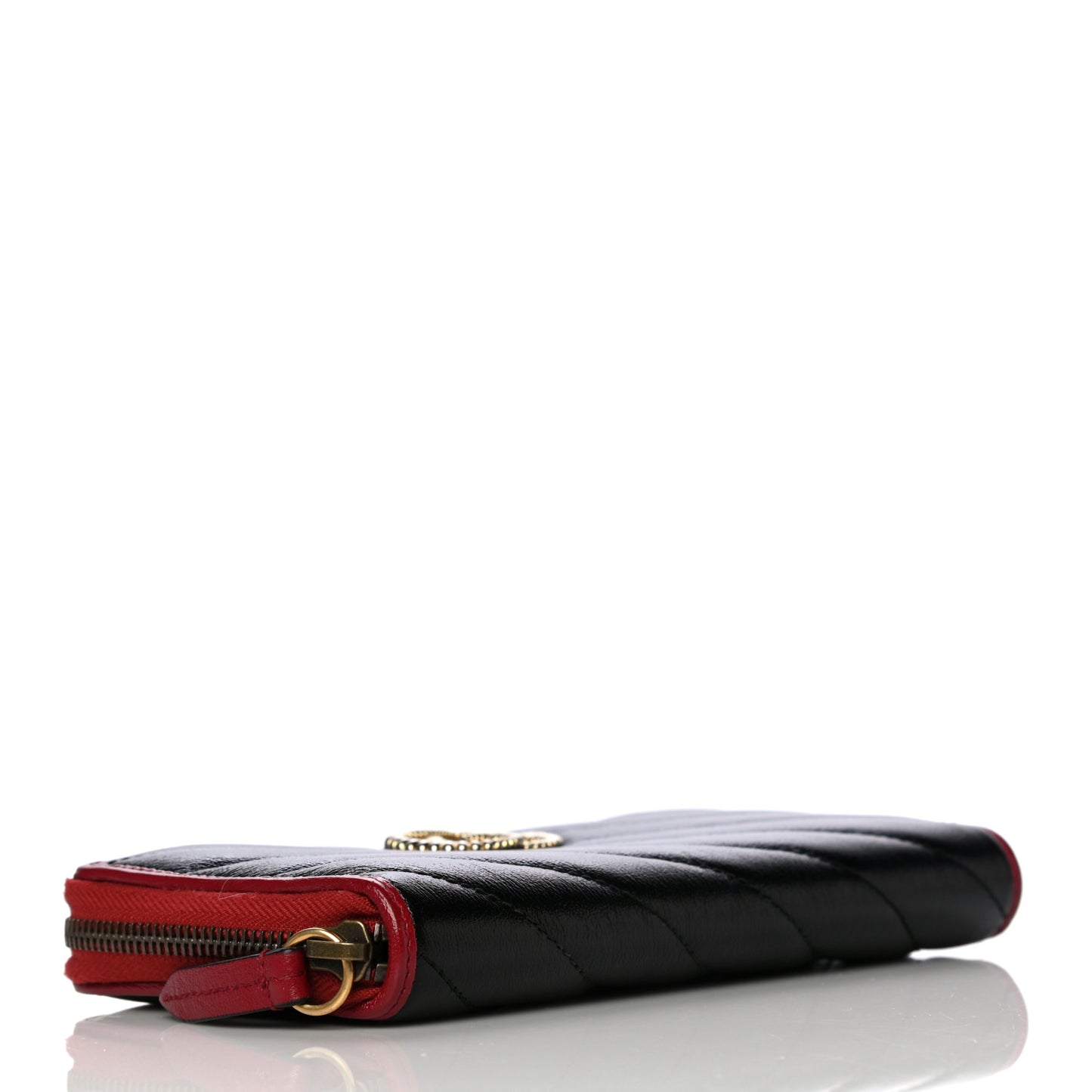 Vintage Effect Calfskin Matelasse Diagonal Torchon GG Marmont Zip Around Wallet Black Romantic Cherry