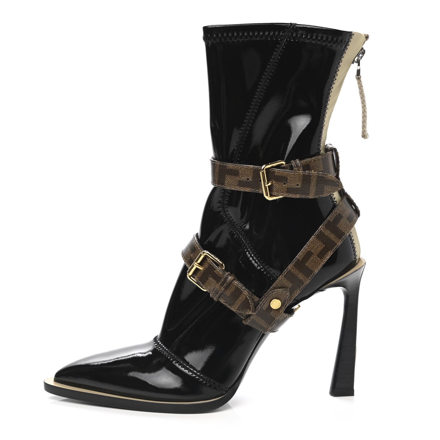 Fendi Glossy Neoprene Glazed Fabric FF FFrame Short Boots 40 Black Tobacco Moro 1 of 7