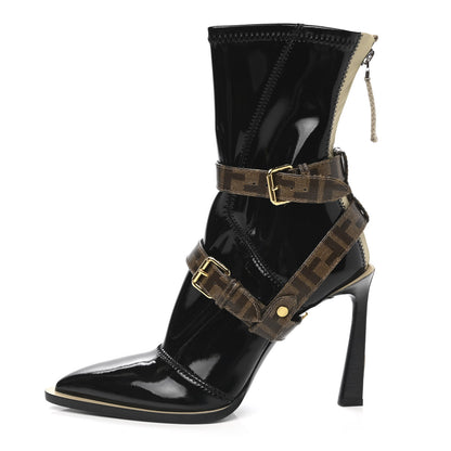 Fendi Glossy Neoprene Glazed Fabric FF FFrame Short Boots 40 Black Tobacco Moro 1 of 7