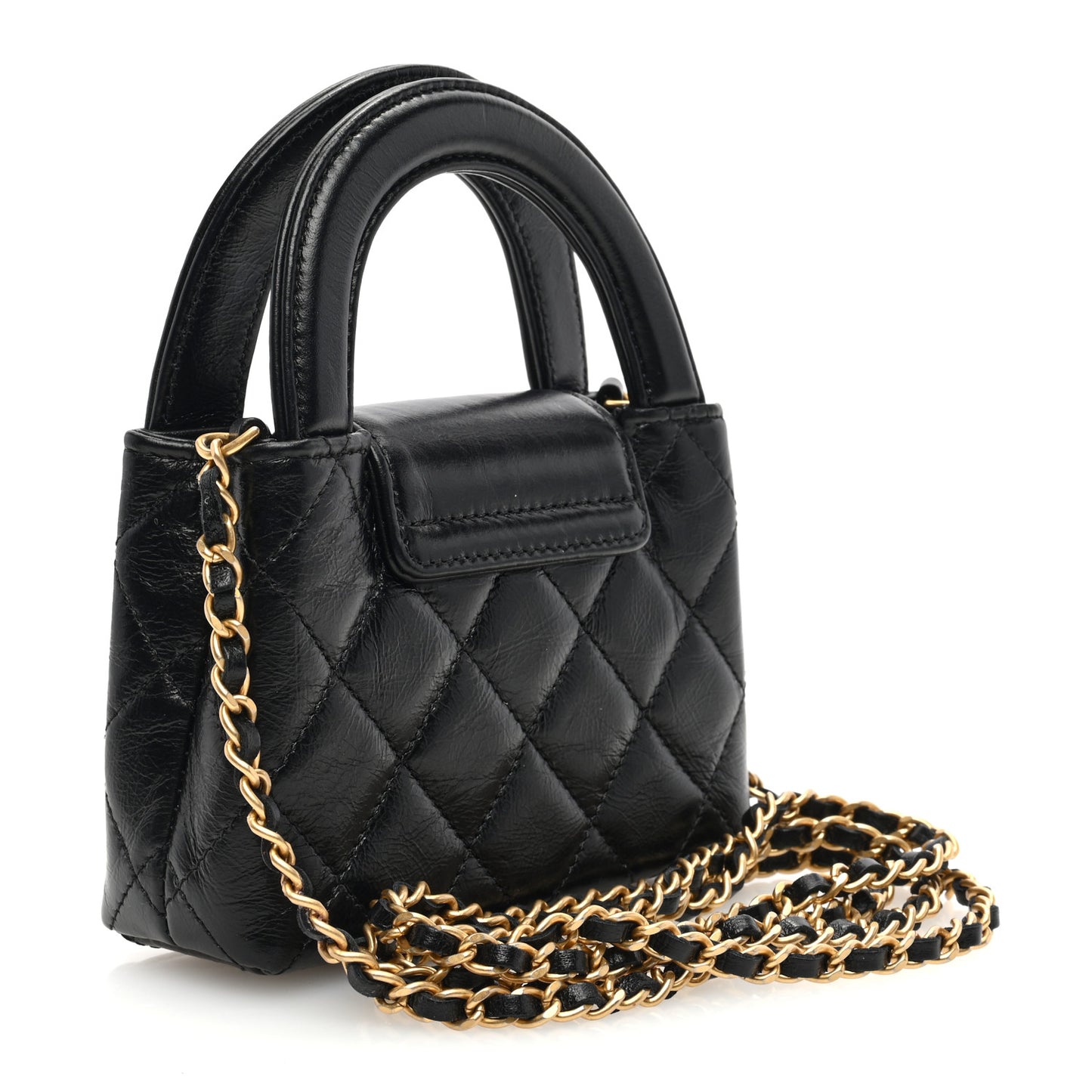 Shiny Aged Calfskin Quilted Mini Nano Kelly Shopper Black