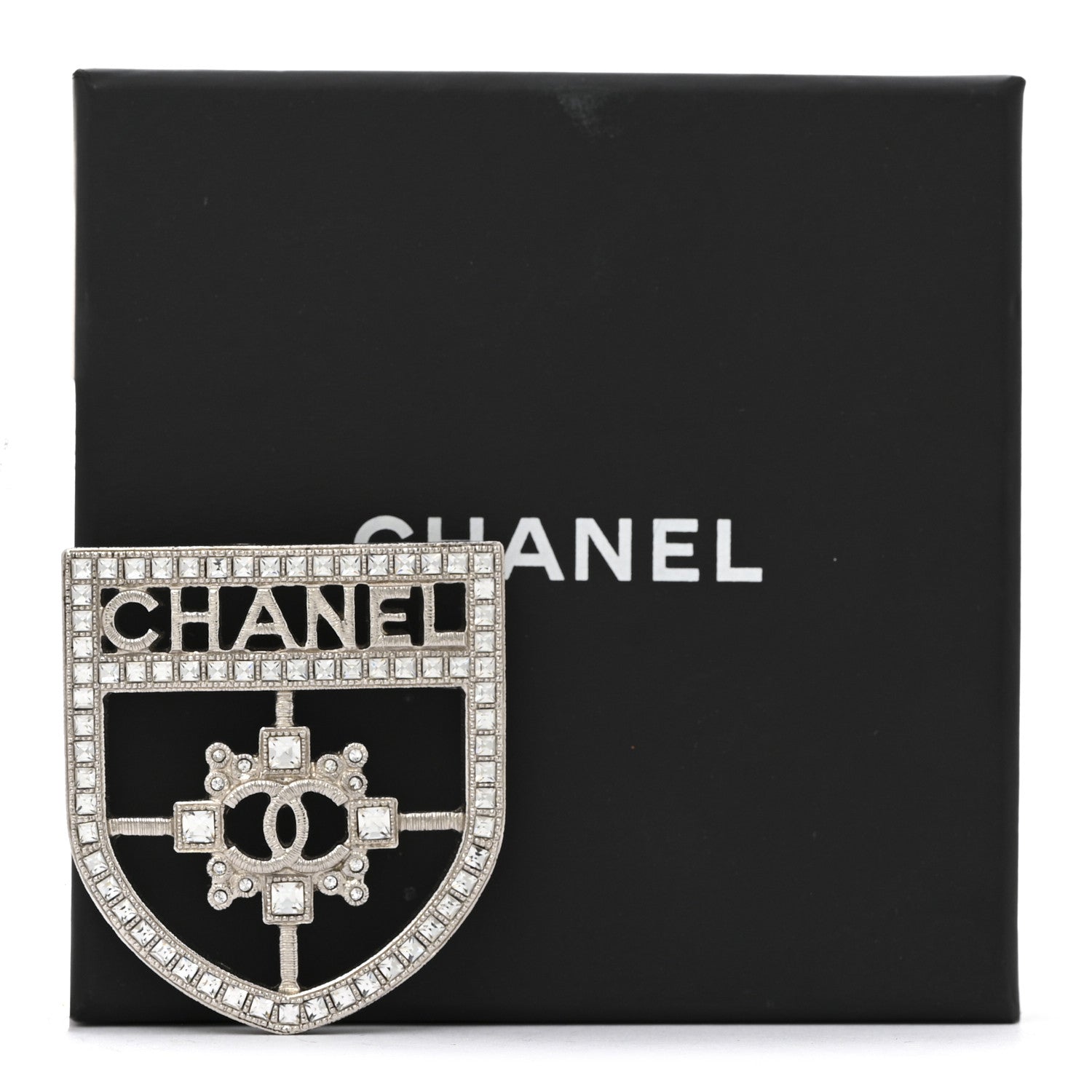 Chanel Swarovski Baguette Crystal CC Shield Brooch Silver 5 of 5