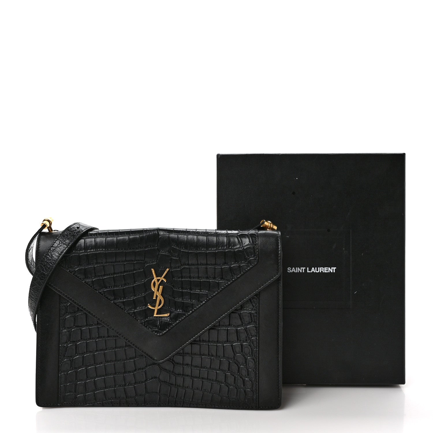 Saint Laurent Calfskin Crocodile Embossed Gaby Satchel Black 10 of 10
